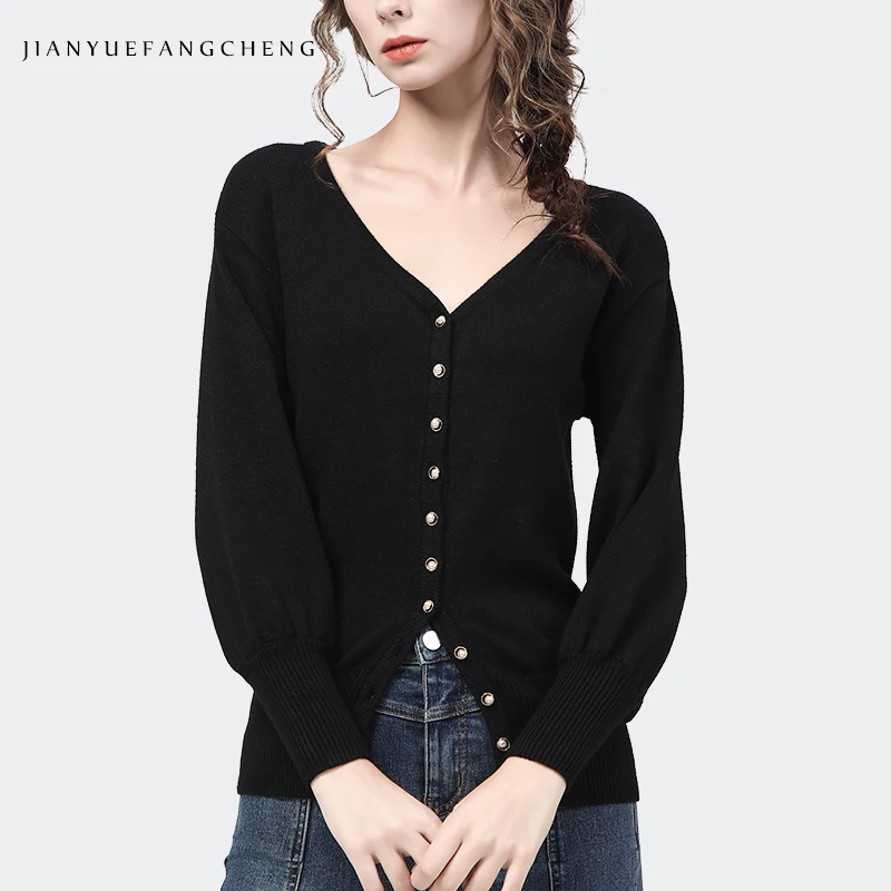 

2021 Spring Autumn Elegant Style Black Knitted Sweater Top Womens V-neck Lantern Sleeve Cardigan Jacket Sweater Bottoming Tops
