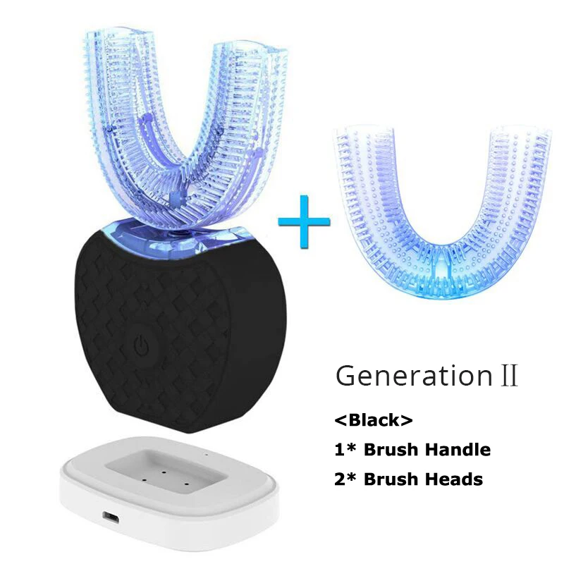 Gen2 With 2 Heads BK Автоматическая электрическая зубная щетка перезаряжаемая 360 градусов зубная щетка u-образная головка 4 режима чистки синий светильник - Цвет: Gen2 With 2 Heads BK