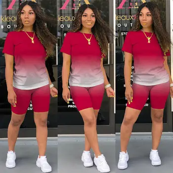

Wjustforu Two Piece Set Women Summer Casual Gradient Color Bodycon Tracksuit Crop Top + Joggers Biker Shorts Matching Set Female