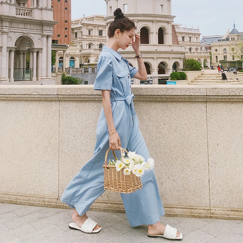Summer Short Sleeve Shirt Style Jumpsuit Women Bandage Romper Female Korean Purple/blue Loose One Piece Wide Leg Pants Overalls