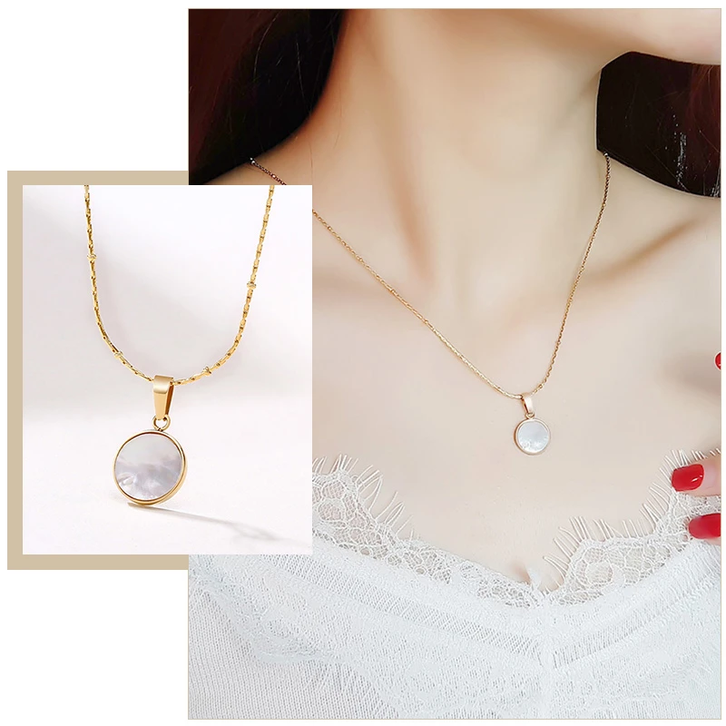 Elegant Geometric Shell Small Pendant Necklaces for Women Party Jewelry with Gold Color Stainless Steel K 18 Tag Accessory | Украшения и