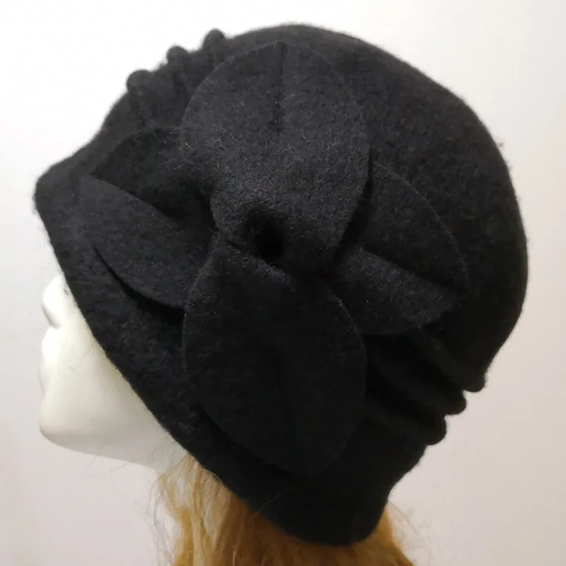 Женские шерстяные шапки на осень и зиму, чистая шерсть, теплые шапки, шапка-ведро, подарки для мамы, леди, цветок, фетровая шляпа - Цвет: Black