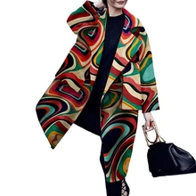 Лацкан многоцветный принт карманы зимняя куртка Женское пальто размера плюс с длинным рукавом винтажные теплые женские куртки верхняя одежда