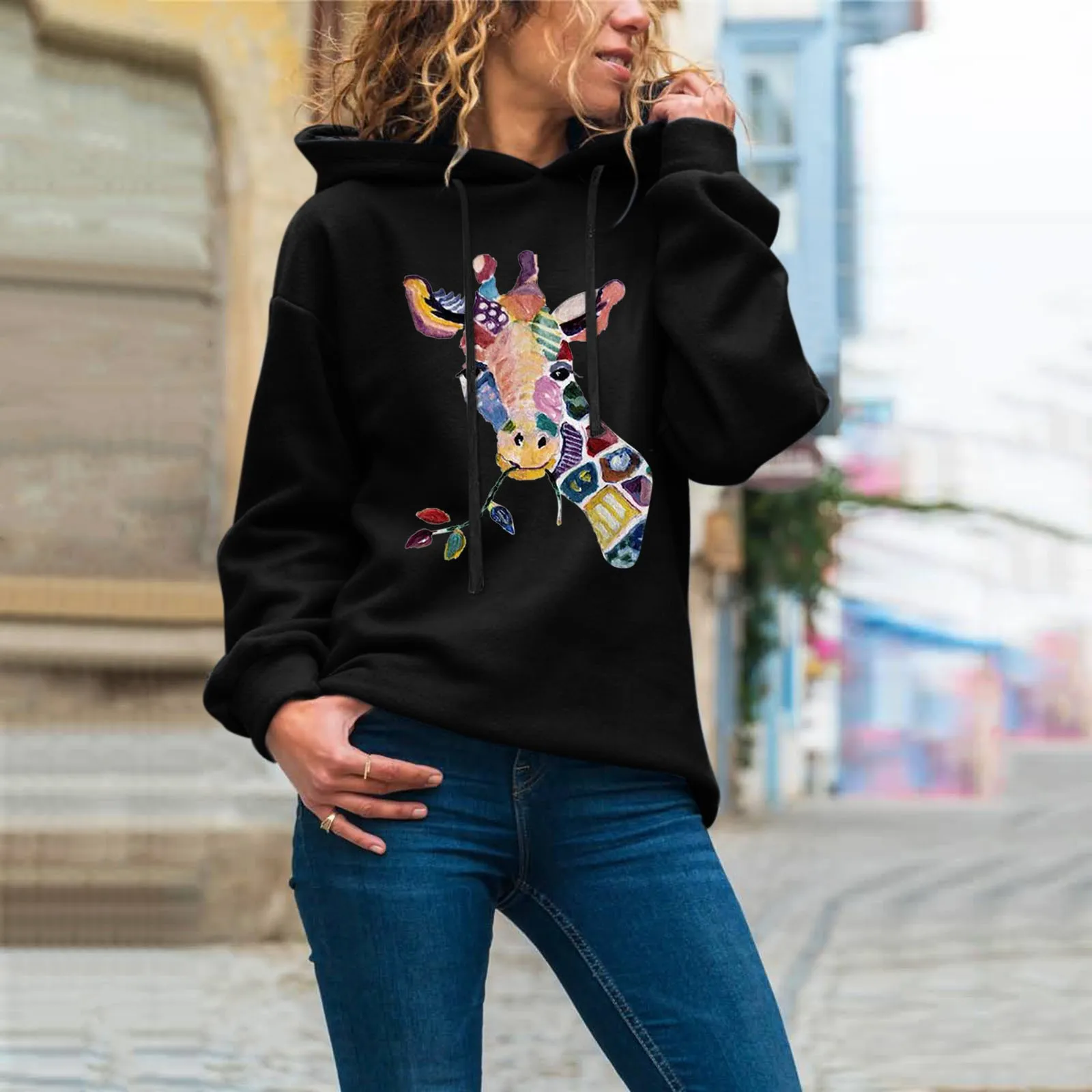 2021 신사복 캐주얼 블라우스 풀 슬리브 기린 프린트 스웨트 탑스 후드 풀오버 Comfy Daily Warm Blouse 무료 배송