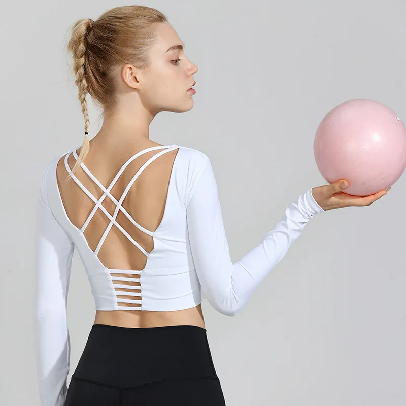 Yoga Shirts Workout Open Back Top Long Sleeve Crop Top Women Spring Autumn Gym Cross Back Sports Shirt Short Sleeve Summer yoga top