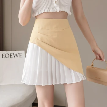 

Asymmetrical Pleated Skirt 2020 Summer Empire Short Yellow Elegant Pathwork Stitching Skirt