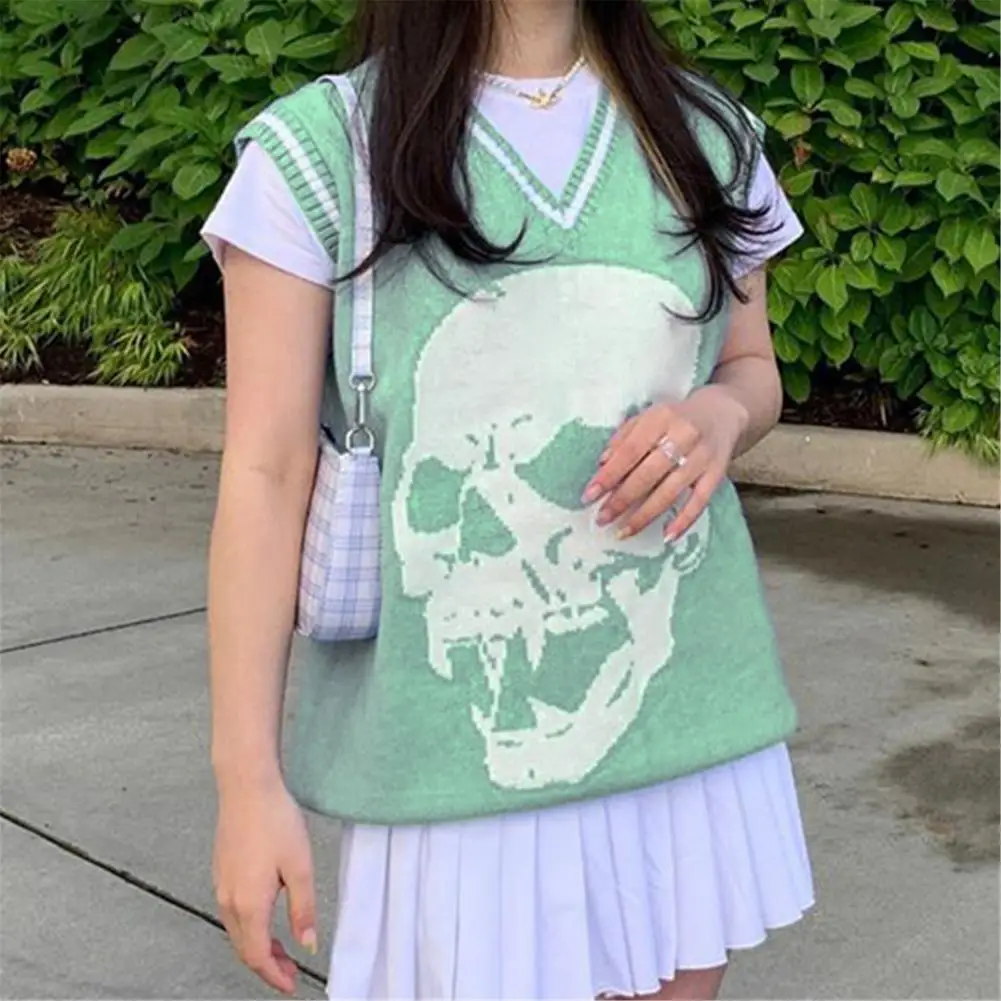 Fashion women's knitted vest pullover V-neck sleeveless skull knitted pullover Korean loose sweater vest 2