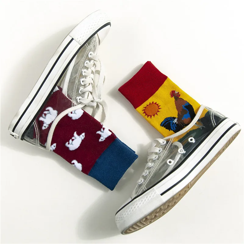 SP&CITY 5 Pairs Harajuku Women Cartoon Animal Patterned Cotton Socks Bird Chicken Funny Print Female Socks Casual High Sox