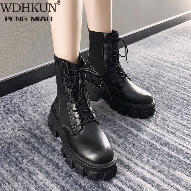 

Black Patent Leather Martin Boots for Women Lace Up Platform Boots Women Winter Keep Warm Non-slip Short Booties for Ladies