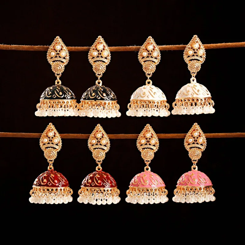 Ethnic Retro Geometric Turkish Jhumka Earrings For Women Indian Jewelry Flower Gold Color Bell Tassel Dangling Earrings drop earrings,dangle earrings,long earrings,flower earrings,crystal tassel earrings,geometric earrings,golden earrings