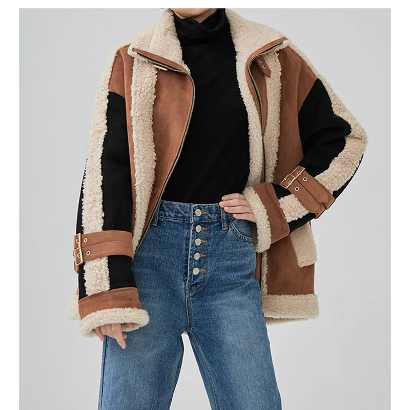 

Autumn Winter2019 Women Chic Casual Loose Vintage Short Biker Jacket Thick Warm Imitation Double-Faced Fur Leather Jacket Coat