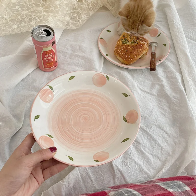 LadyCC Fresh Tableware Hand Painted Peach Ceramic Plate Home Decoration Flat Fruit for Food | Дом и сад