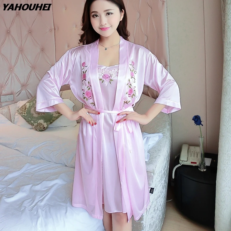 

Sexy Silk Lingerie Dress Robes Set For Women 2019 Summer Two Piece Nightgowns Night Gowns Sleep Sleepwear Kimono Bathrobe Female