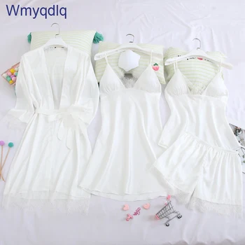 

Wmyqdlq Sexy Ladies Nightgown Five-Piece Set With Chest Pad Casual Cool Lapel Home Service Ice Silk Comfortable Sling