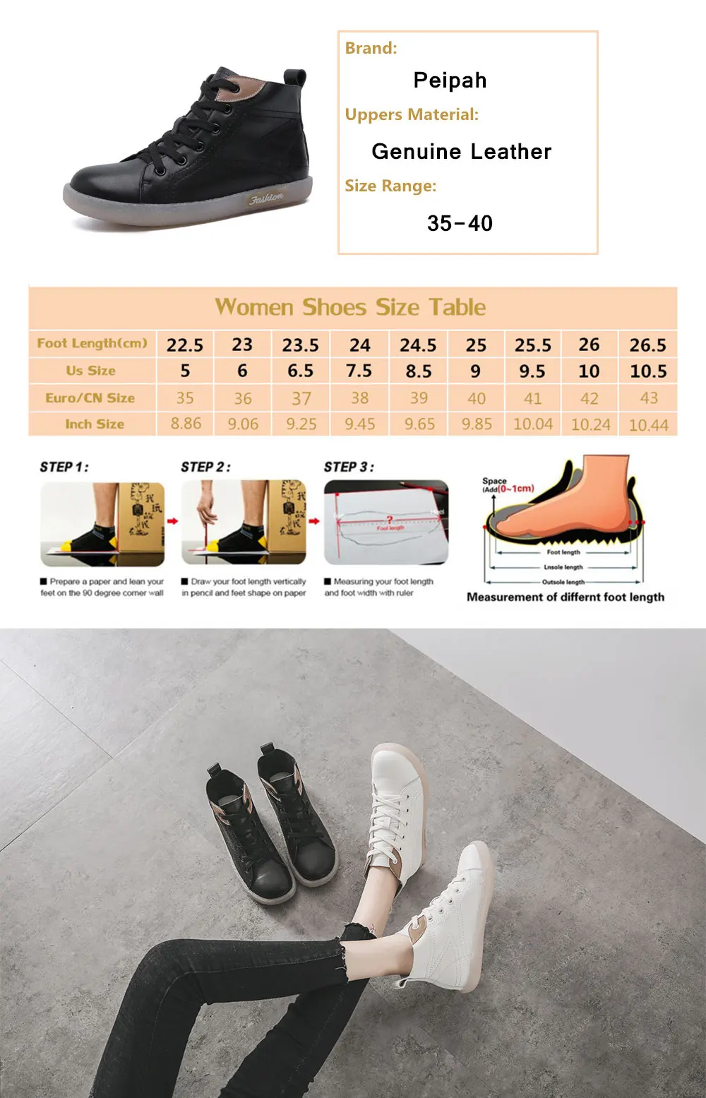 PEIPAH Spring Women' s Genuine Leather Sport Flat Shoes Female Ankle Sneaker Boots Woman Lace Up Rubber Boots Ladies White/Black