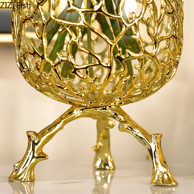 Creative glass vase Golden bracket Branches Hollow high feet Transparent hydroponic flower arrangement Metal crafts Flower vase 4