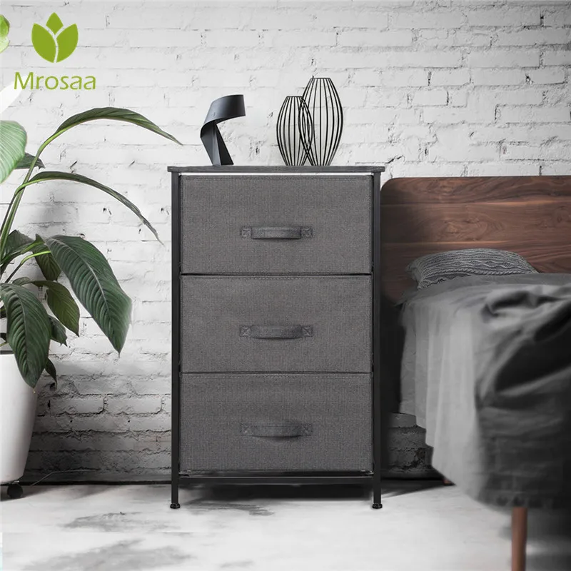 

Vertical Dresser Storage Cabinet 3-Drawer Bedroom Nightstand On-Wheels, Adjustable Feet & Rolling Wheels, Wood Top, Fabric Bins
