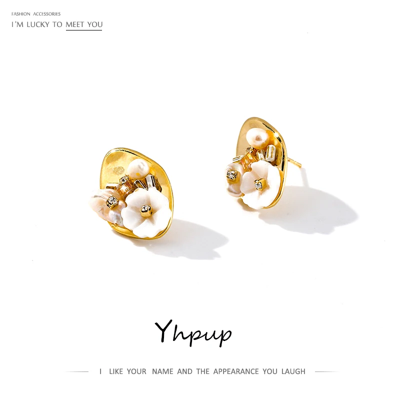 Yhpup изысканные серьги-гвоздики, натуральная оболочка жемчуга, серьги в виде цветка, крошечные металлические серьги 16 к, Серьги d oreille femme, S925 Pin