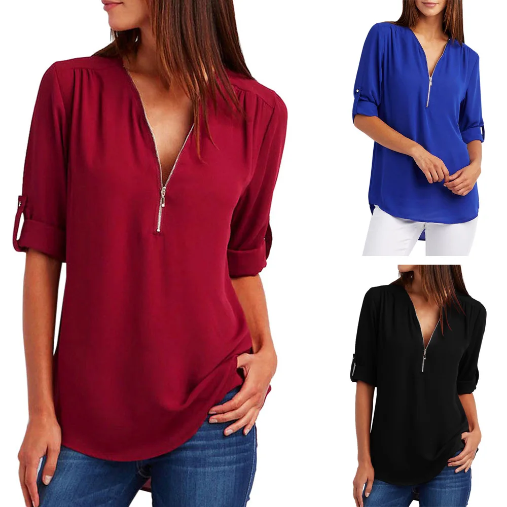 

Best Selling New Top European and American Women's Long-Sleeved Bottoming Shirt Hot Selling Large Zipper V-neck Shirt
