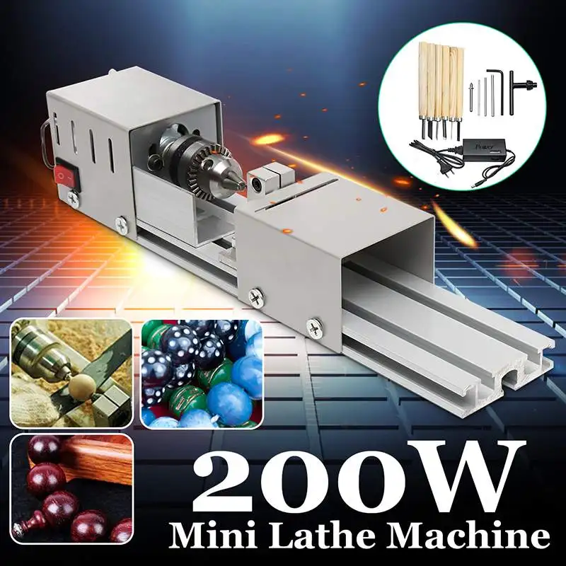  Efficient 200W Mini Lathe Bead Machine Woodwork DIY Lathe Standard Set with Power Carving Cutter Wo
