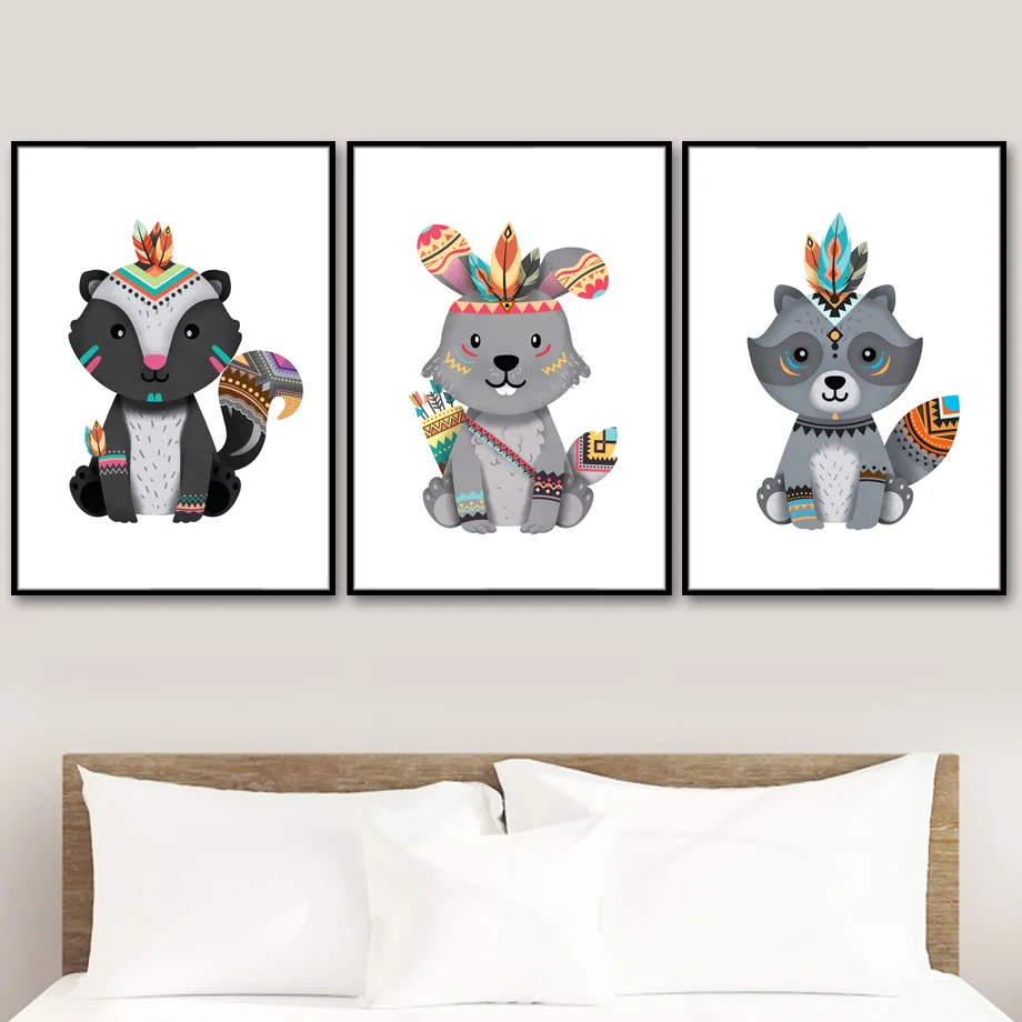 Картина на холсте с изображением медведя, оленя, лисы, кролика, енота, детской комнаты