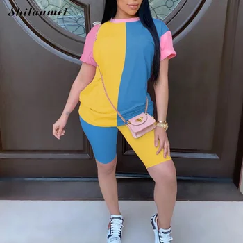 

Color Patchwork Sexy Women Tracksuit Summer Short Sleeve Tshirt Tops And Bodycon Shorts Jogger Suit Casual Two Piece Sets Outfit