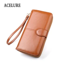 ACELURE Solid Color Women Long Wallets Simple Style Zipper& Hasp Purse With Card Holder Oil Wax Pu Leather Ladies Daily Wallet