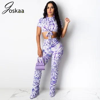 

Joskaa Tie Dye Ribbed Lace UP Sexy Two Piece Set Crop Top and Stacked Pants Matching Sets for Women Summer Club Outfits