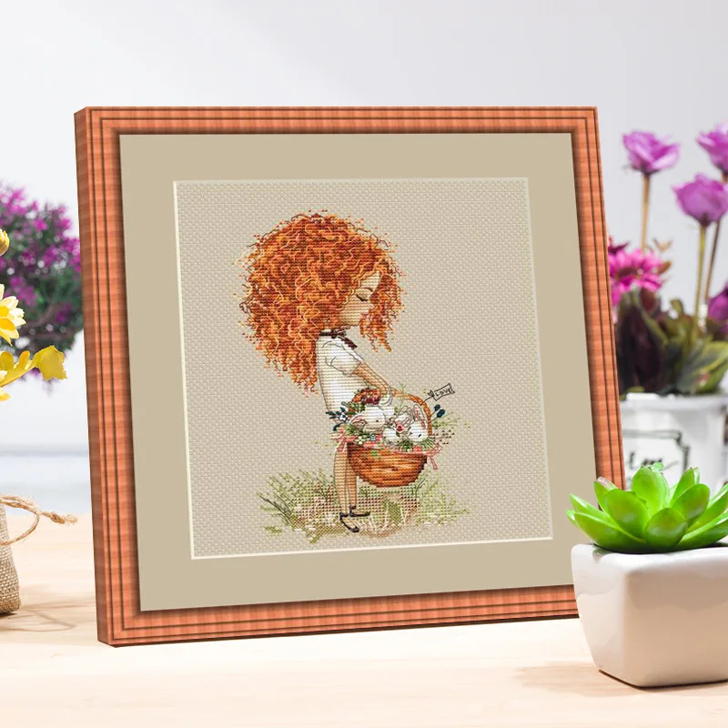 Cross Stitch Kit Curly girl with basket cross stitch kit Animal 18ct 14ct 11ct linen flaxen canvas stitching embroidery DIY