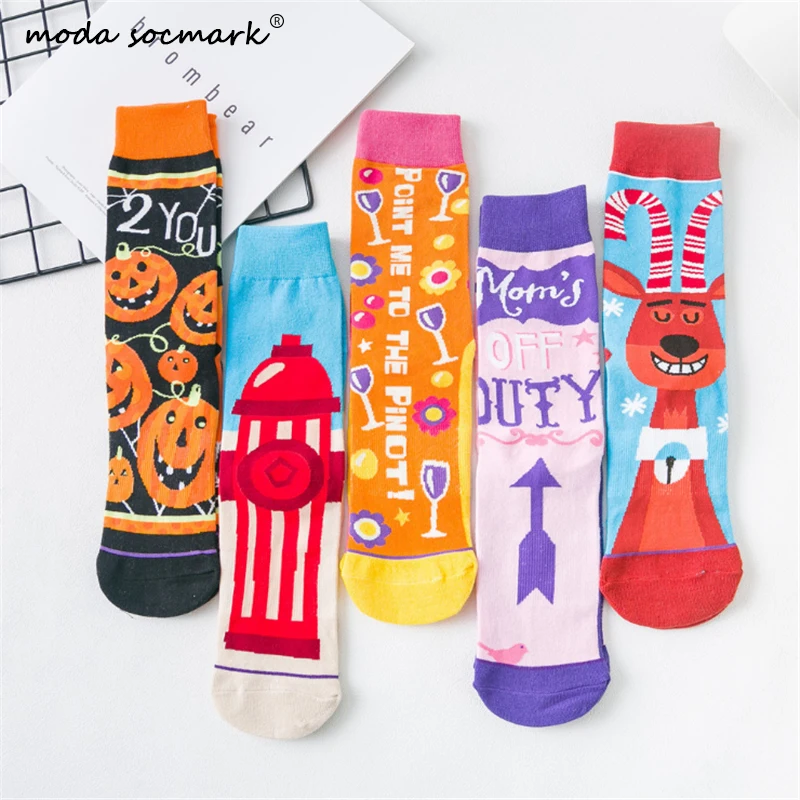 

Moda Socmark Happy Socks Men Women Cartoon Funny Socks Fashion Couple Sock AB Asymmetric Stockings Halloween Pumpkin Long Socks