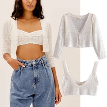 

Dave&Di Indie Folk Vintage England Style Fashion Knitted Hollow Out Elastic Camisole t shirt Sexy Tops Short Cardigans Women
