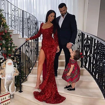 

2020 Modern Burgundy Sequined Bling Split Long Sleeve Mermaid Prom Dress