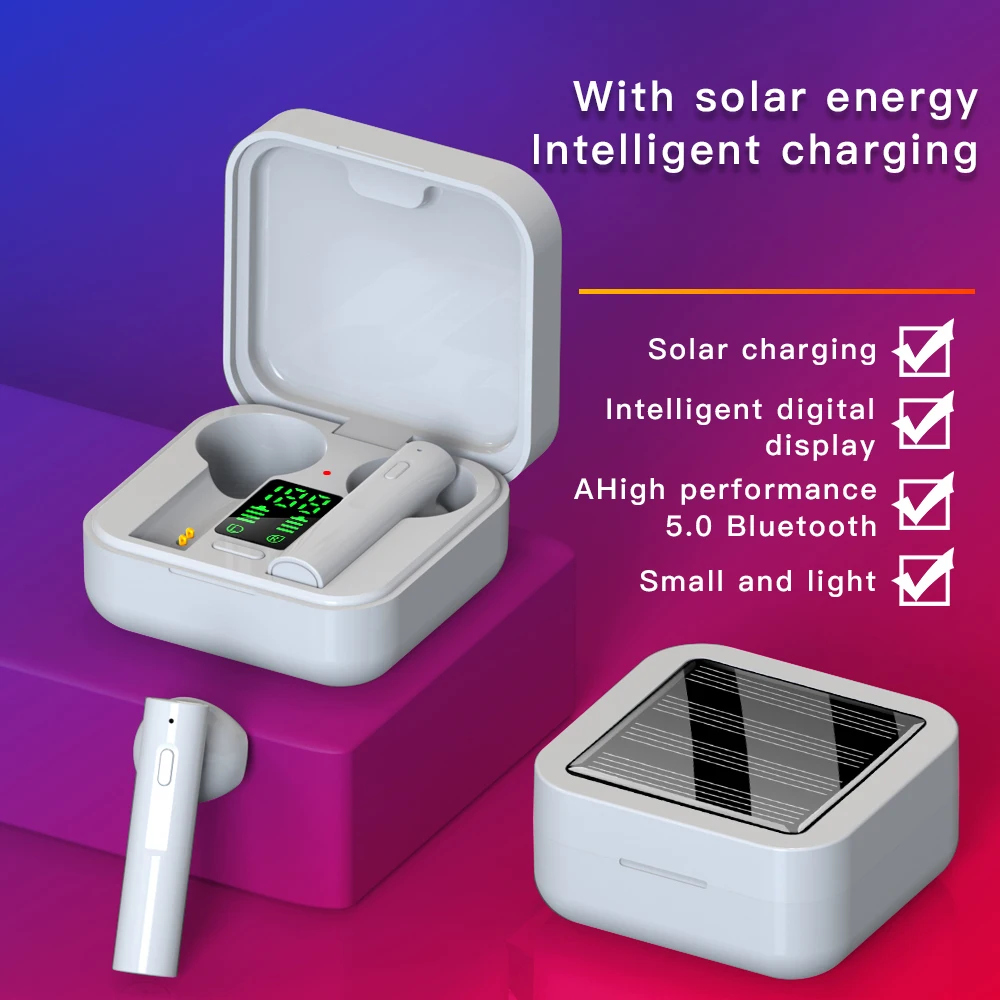 

Air6 Plus Solar Charging Wireless Earbuds BT5.0 Noise Reduction Stereo Headset In-Ear Earbuds LED Digital Display Charging Box