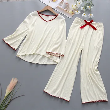 

Spring Summer Thin Solid Color Lingerie Set White Home Kit Three-quarter Sleeves Non-print Knitted Laciness Pajamas Women Suit