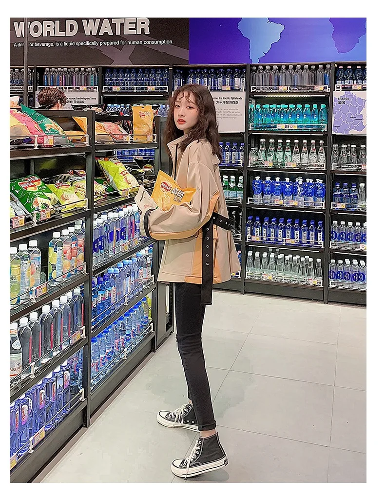 Фотосессия Harajuku INS три-цветное соединение BF красивый стенд воротник хаки спецодежды Тренч талии облегающее Бандажное ткань с коротким