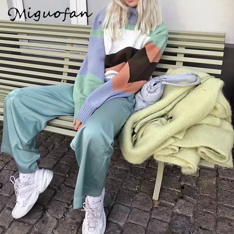 Miguofan цвет сшивание свитера женский свитер Джемперы зима осень водолазка длинный рукав Пуловеры женские повседневные плотные Топы