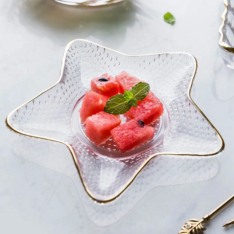 Прозрачная столовая посуда, кухонные стеклянные чаши, тарелки, десертный салат