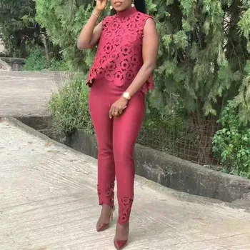 

Two Pieces Set Hollow Out Sleeveless Tank Tops and Bodycon Pencil Pants Trousers African Women Wear Fashion 2 Pieces Suit Female