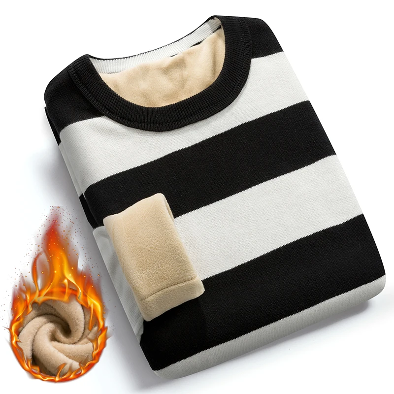 Зимний свитер для мужчин плюс бархат 2020 новый полосатый толстый теплый