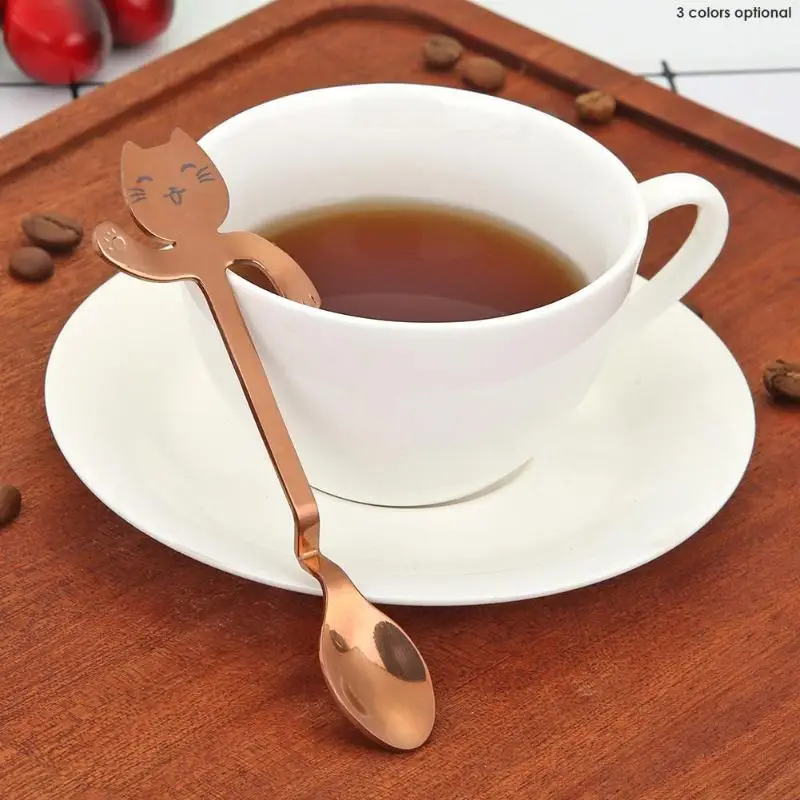 Stainless Steel Coffee Scoops Cartoon Cute Cat Shaped Spoon Long Handle Hanging Coffee Milk Stirring Scoops Coffeeware