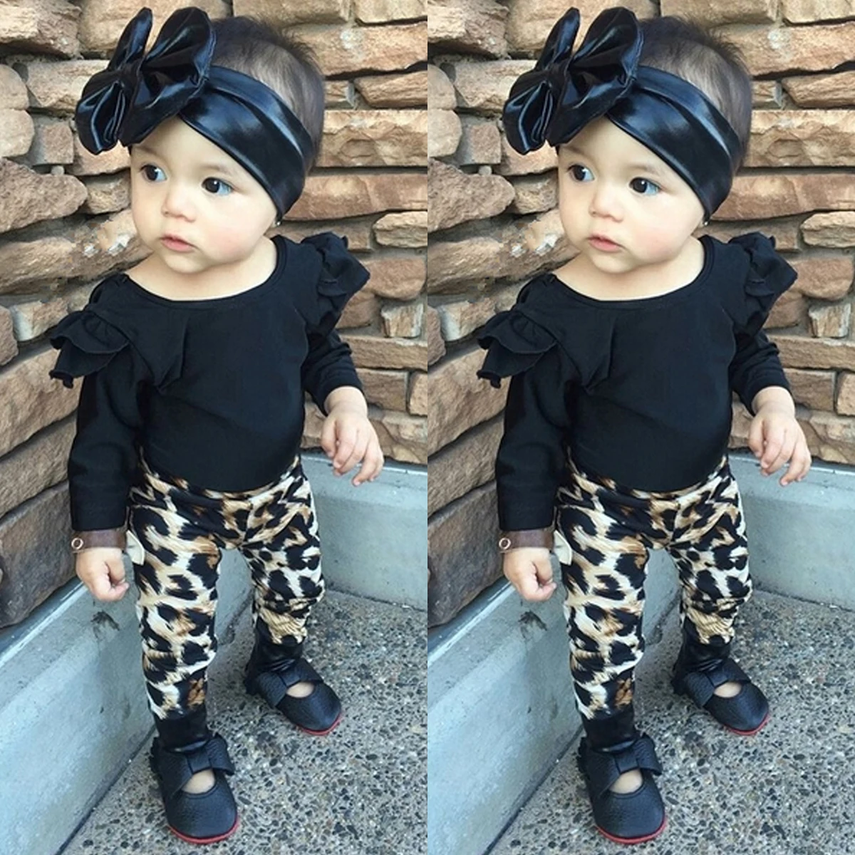 Focusnorm/Модный комплект одежды для новорожденных девочек от 0 до 24 месяцев, Однотонная футболка с длинными рукавами Топы+ штаны с леопардовым принтом, леггинсы, комплект одежды