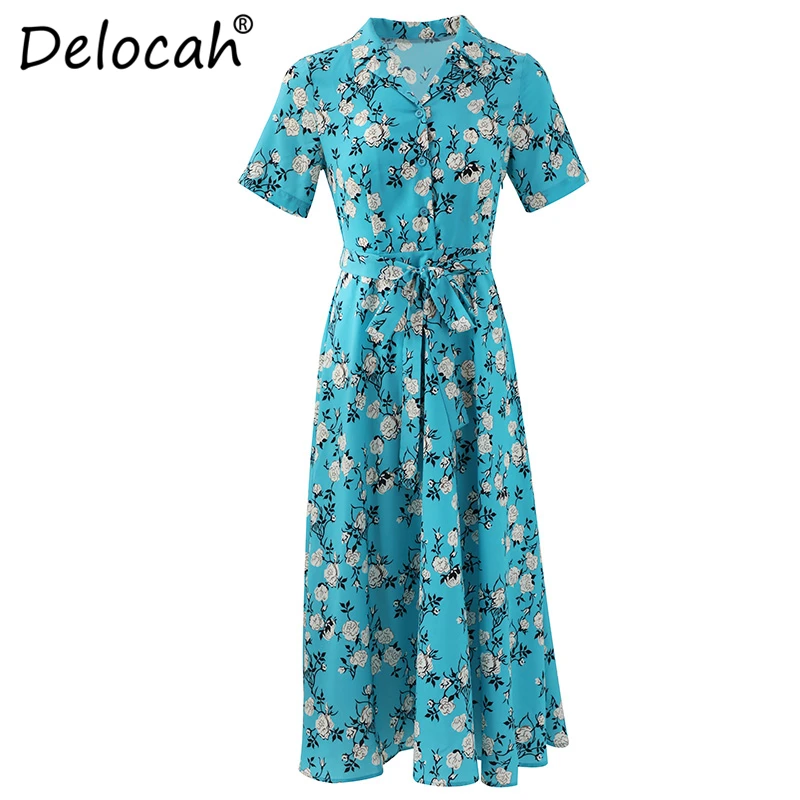 Delocah, модное летнее платье для подиума, женское платье с коротким рукавом, элегантное платье с цветочным принтом и бантом, Женские винтажные миди платья