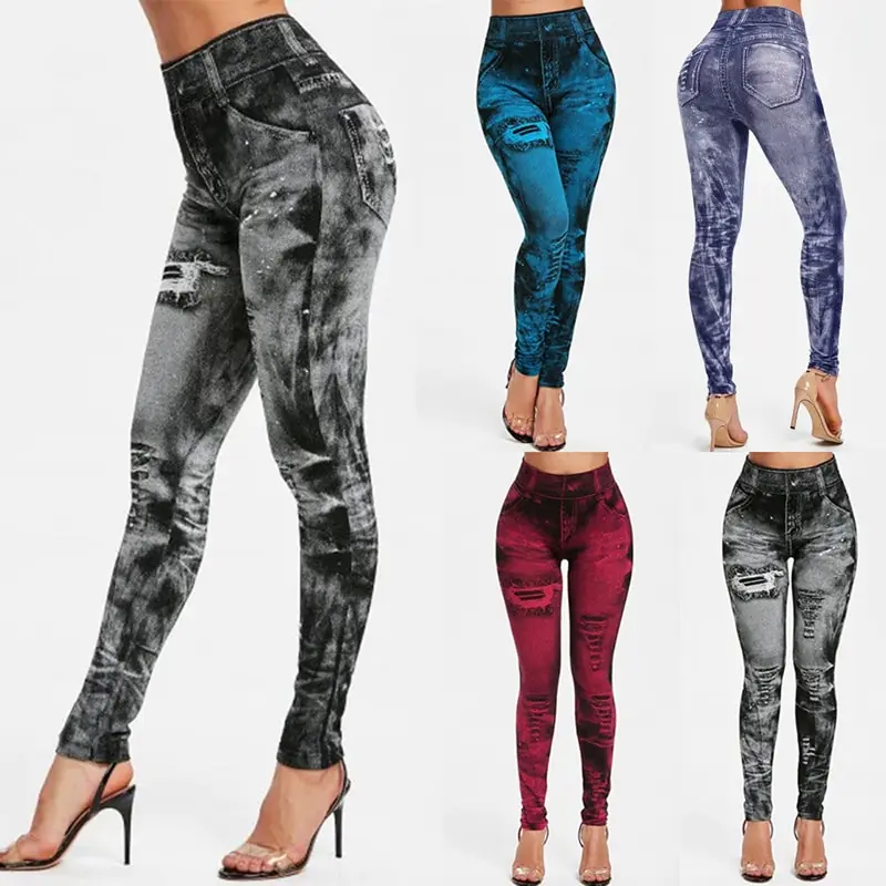 Tanie Sexy elastyczna imitacja imitacja dżinsów legginsy spodnie z wysokim stanem Fitness Slim sklep