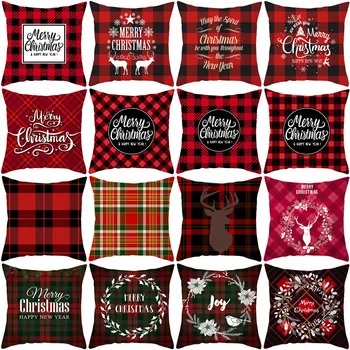 

Christmas Classic Red Lattice Pillow Cover Merry Cristmas Cushion Case Peach Skin Xmas Elk Pillow Case Deco For Home Sofa