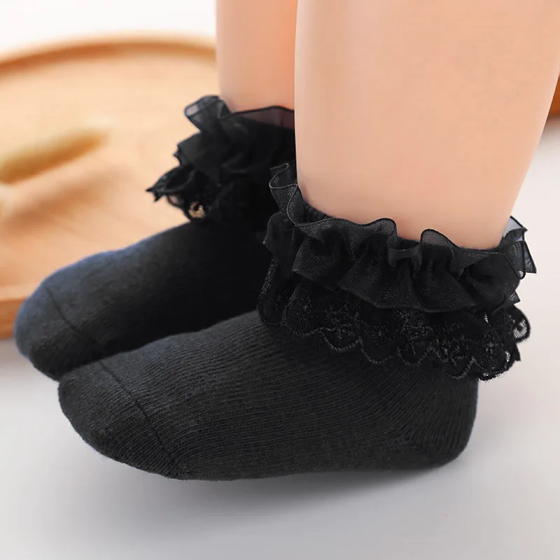 Хлопковые носки для новорожденных от 0 до 1 лет кружевные хлопковые носки принцессы для девочек на лето и весну, носки для младенцев Новинка года - Color: Black