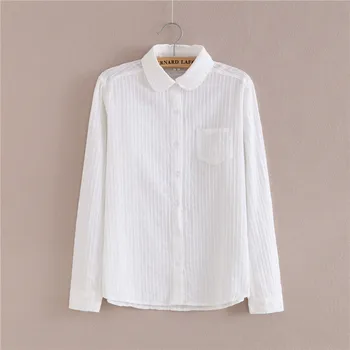 

2020 Spring New Women Long Sleeve Striped White Cotton Blouse Shirts Pocket Slim Office Lady Casual Shirts Blouses