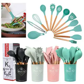

Wooden handle silicone kitchenware set non-stick cookware cooking tool spatula spoon kitchen utensils