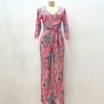 

Summer Pink V Neck Long Women Jumpsuits 2020 New Casual High Waist Wide Leg Office Ladies Elegant Floral Print Jumpsuit Rompers