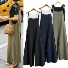 

FOR Women Strap Loose Jumpsuit Summer Casual Wide Leg Pants Solid Dungaree Bib Overalls Sleeveless Oversized Cotton Linen