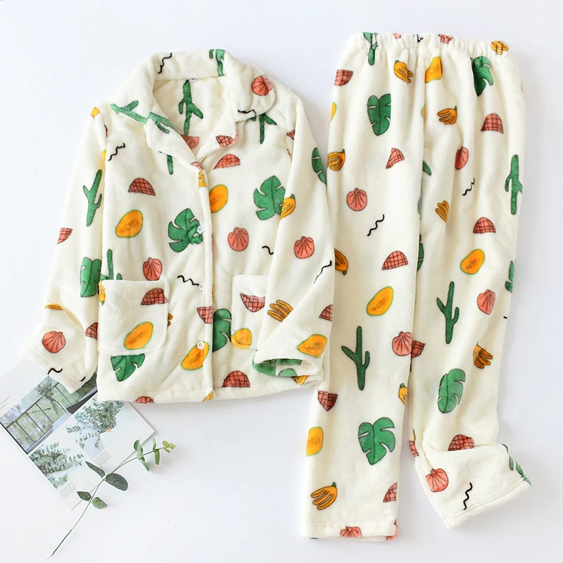 

KISBINI Autumn Winter Pajamas Set For Women Leaves Pattern Flannel Polyester Ladies' Pyjamas Sets Sleepwear Thick Home Suit 2019